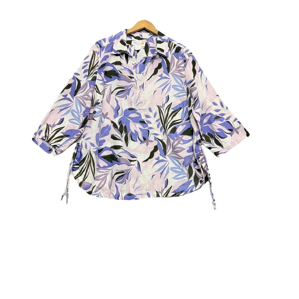 C&C California Womens 100% Linen Tunic‎ Top Size 1X Floral Artsy Beachy Coastal